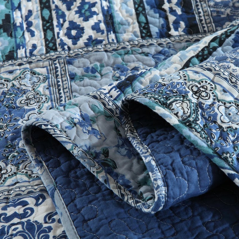NEWLAKE Cotton Bedspread Quilt Sets-Reversible Patchwork Coverlet Set, Blue Classic Bohemian Pattern,Queen Size - Image 5